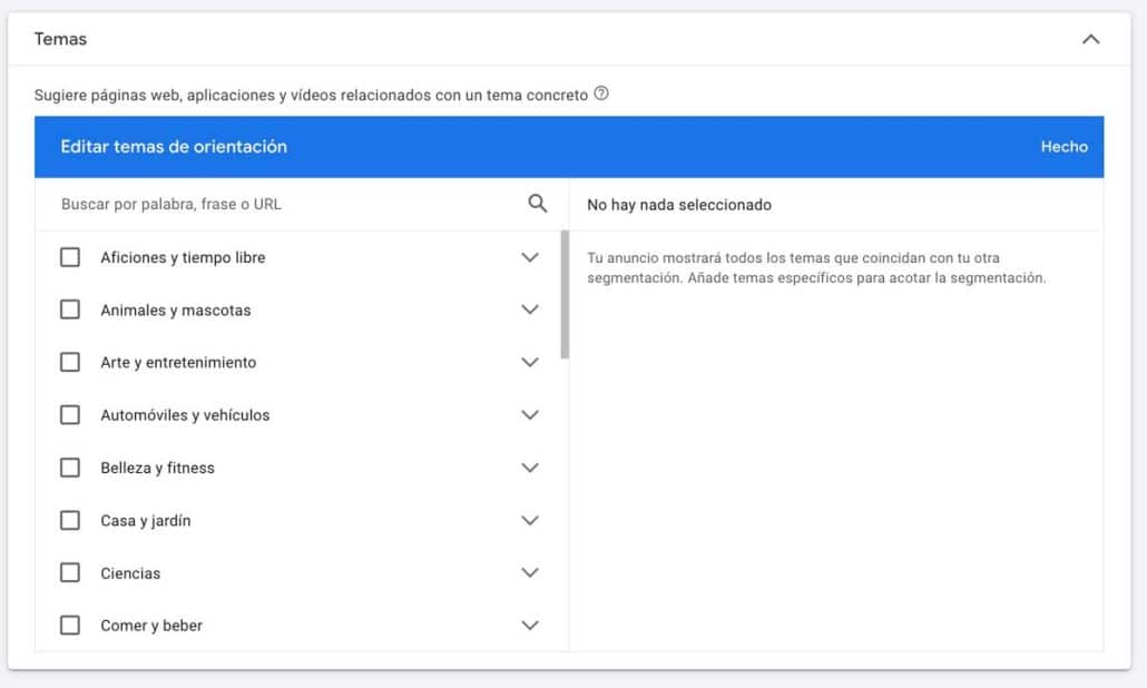 Segmentación temática en Google Ads