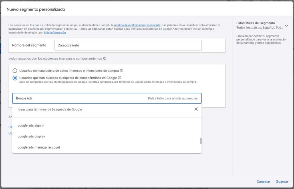 Segmento de audiencia personalizado